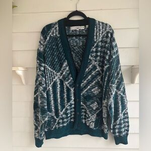 Vintage 90s Green, Black, White Geometric Design Cardigan Sweater Men’s Size XL